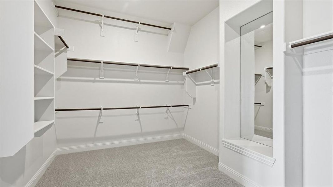 Spacious walk-in closet featuring light grey carpeting, white walls, built-in shelving, multiple hanging rods, and a recessed full-length mirror