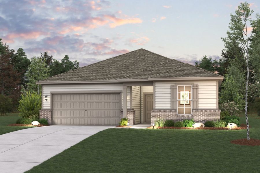 Front exterior of a new home in Paloma at Sanford Farms, Waller, TX, highlighting curb appeal (Image 1). Front exterior of a new home in Paloma at Sanford Farms, Waller, TX, highlighting curb appeal (Image 1).