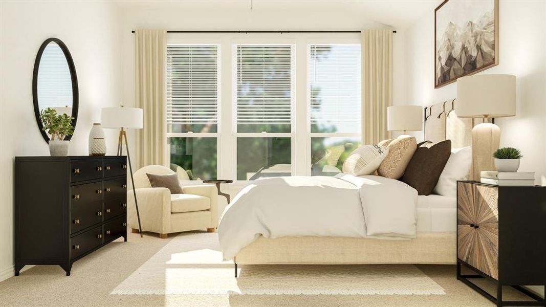 Bedroom with light colored carpet and vaulted ceiling