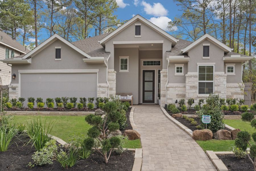 Representative exterior photo of a completed home built from the Bradford by Chesmar Homes in The Highlands, Porter, TX (Image 1). Representative exterior photo of a completed home built from the Bradford by Chesmar Homes in The Highlands, Porter, TX (Image 1).