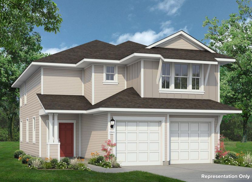 Front exterior of a new home in Applewhite Meadows, San Antonio, TX, highlighting curb appeal (Image 1). Front exterior of a new home in Applewhite Meadows, San Antonio, TX, highlighting curb appeal (Image 1).