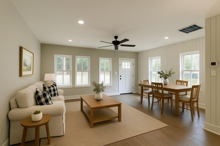 Living room featuring recessed lighting, wood finished floors, and a ceiling fan