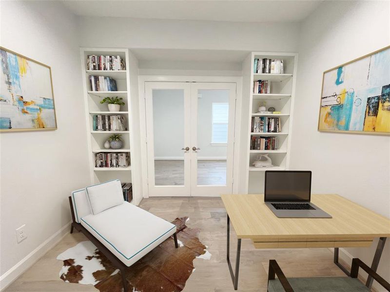 Gorgeous study on the second floor right as you enter the second floor from the stairs. Rooms are virtually staged and the floor plan shown is from a similar home in another community. Actual layouts and furnishings may vary. Please visit the property for accurate details.