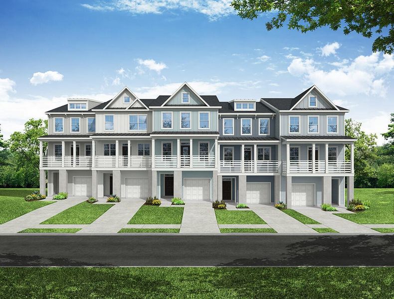 Front exterior of a new home in The Bluffs at Pinefield Townhomes, Charleston, SC, highlighting curb appeal (Image 1). Front exterior of a new home in The Bluffs at Pinefield Townhomes, Charleston, SC, highlighting curb appeal (Image 1).
