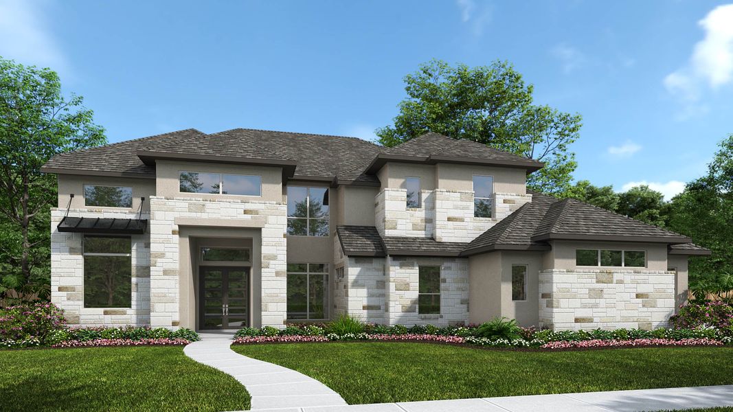 Representative exterior photo of a completed home built from the 4509A by Perry Homes in The Preserve At Elm Creek 1 Acre, New Braunfels, TX (Image 1).