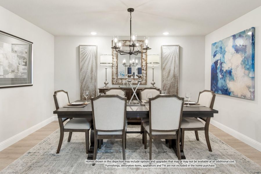Formal dining room with dark wood table, six upholstered chairs, chandelier, and hardwood floors Formal dining room with dark wood table, six upholstered chairs, chandelier, and hardwood floors