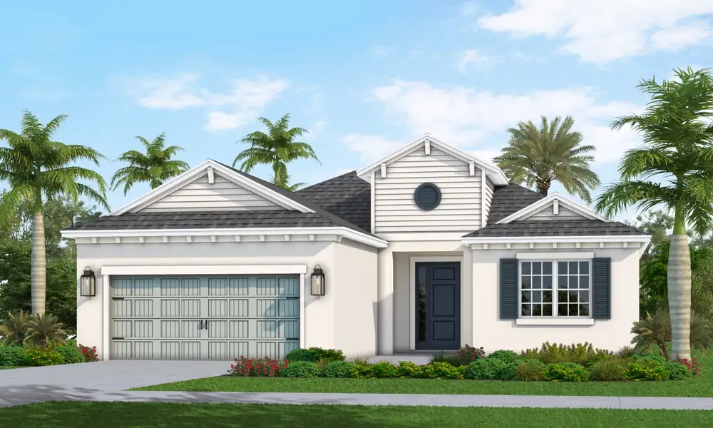 Representative exterior photo of a completed home built from the Harvest 3 by Neal Communities in Canoe Creek, Parrish, FL (Image 1). Representative exterior photo of a completed home built from the Harvest 3 by Neal Communities in Canoe Creek, Parrish, FL (Image 1).