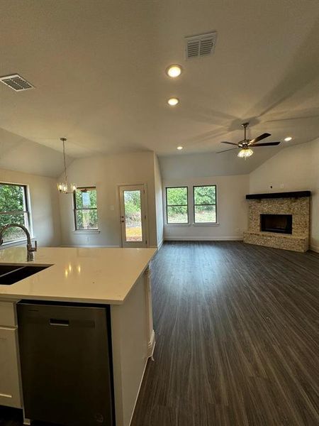 Kitchen featuring stainless steel dishwasher, dark wood-type flooring, sink, white cabinets, and lofted ceiling