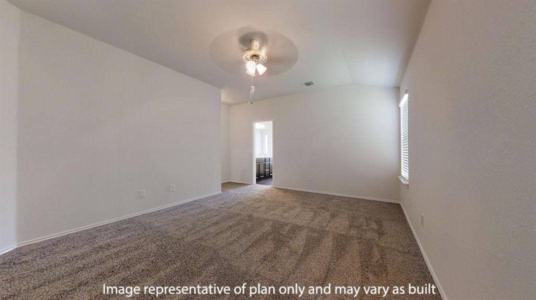 Empty room featuring carpet flooring, a ceiling fan, and lofted ceiling Empty room featuring carpet flooring, a ceiling fan, and lofted ceiling