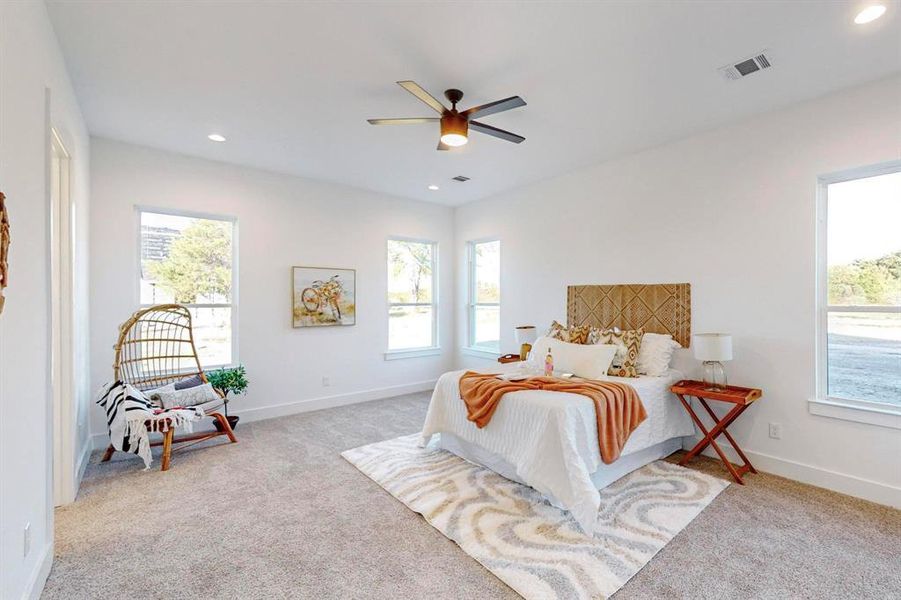 Carpeted bedroom featuring multiple windows and ceiling fan