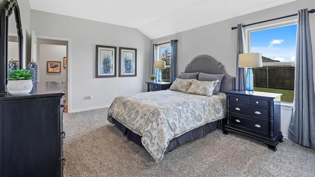 Carpeted bedroom with vaulted ceilings and two large windows offering natural light