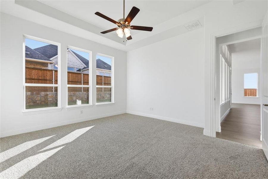 Spare room with a raised ceiling, light colored carpet, and a ceiling fan Spare room with a raised ceiling, light colored carpet, and a ceiling fan