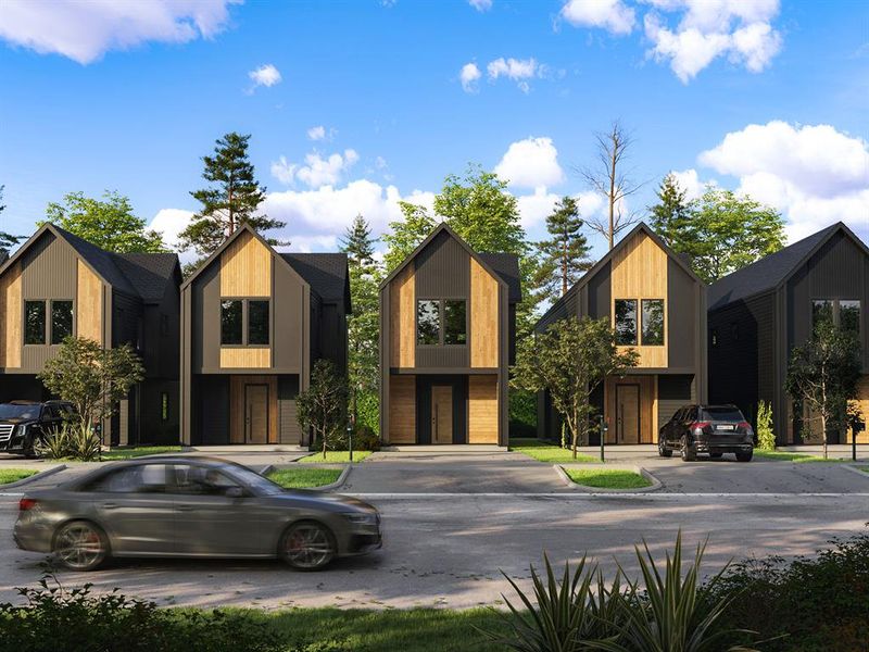 Modern single family homes with striking dark exteriors and wood accents, featuring peaked roofs and attached garages, set in a serene, tree-lined neighborhood.