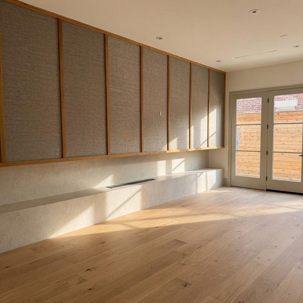 A wallpapered accent wall, framed in clean wood trim, anchors this family room just off the kitchen. Below it, a low linear fireplace adds warmth to this gathering space. A wallpapered accent wall, framed in clean wood trim, anchors this family room just off the kitchen. Below it, a low linear fireplace adds warmth to this gathering space.