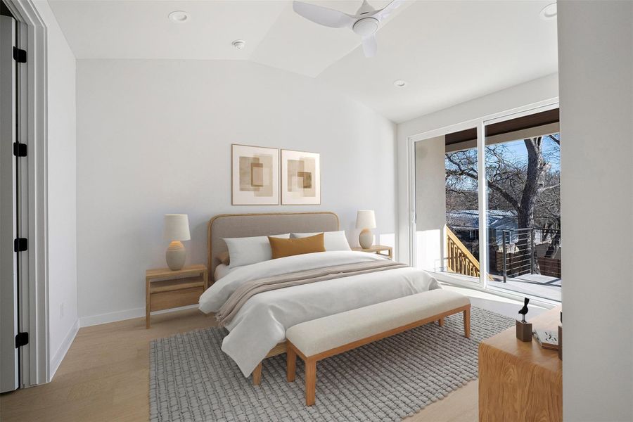 Bedroom featuring light wood finished floors, vaulted ceiling, a ceiling fan, and recessed lighting