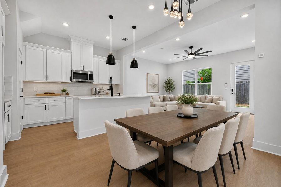 Dining room, Kitchen and living area show furniture scaling and layout possibilities Dining room, Kitchen and living area show furniture scaling and layout possibilities