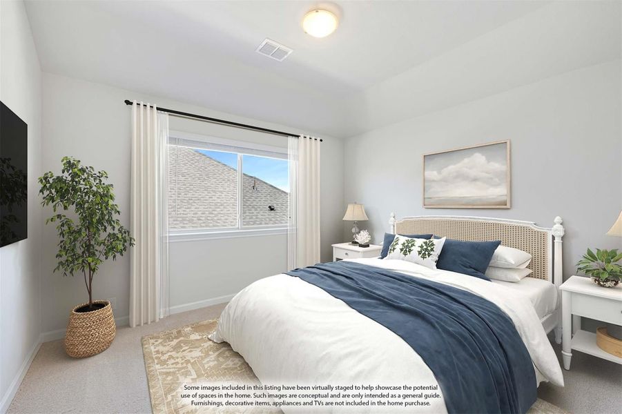Bedroom with queen bed, white rattan headboard, carpet flooring, and large window with white curtains