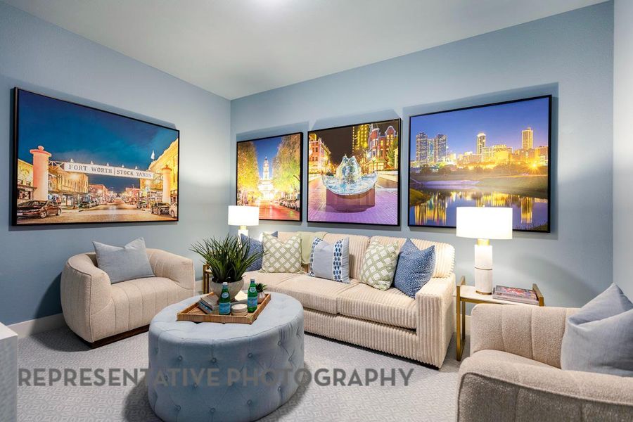 Living room with carpet and a view of city Living room with carpet and a view of city