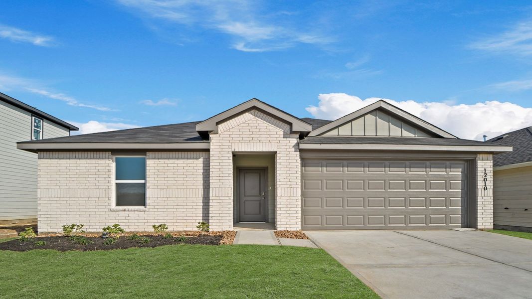 Front exterior of a new home in Westward Pointe, Sealy, TX, highlighting curb appeal (Image 1). Front exterior of a new home in Westward Pointe, Sealy, TX, highlighting curb appeal (Image 1).