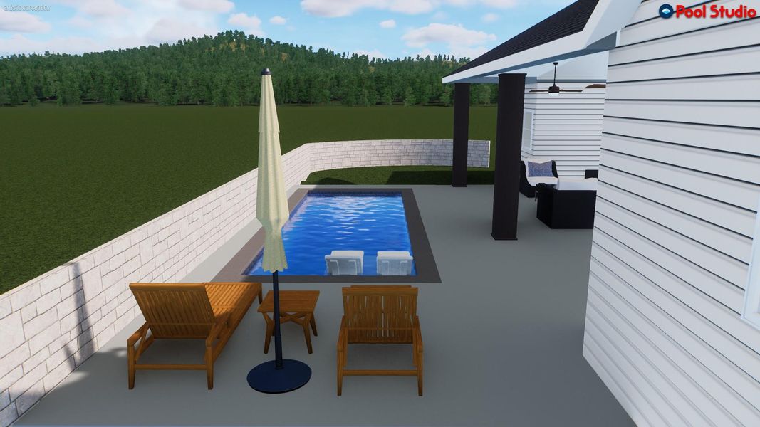 Expansive outdoor living area featuring a rectangular swimming pool, concrete patio, and a white brick privacy wall Expansive outdoor living area featuring a rectangular swimming pool, concrete patio, and a white brick privacy wall