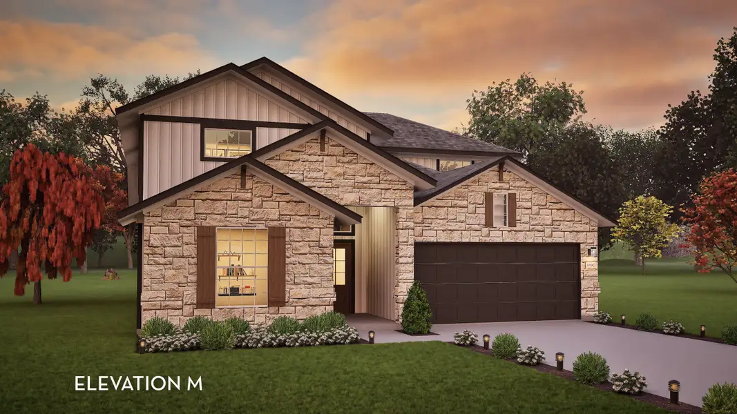 Front exterior of a new home in Santa Rita Ranch, Liberty Hill, TX, highlighting curb appeal (Image 1). Front exterior of a new home in Santa Rita Ranch, Liberty Hill, TX, highlighting curb appeal (Image 1).