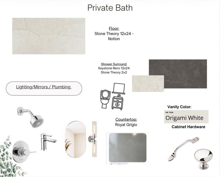 Interior Design Specification. Displaying material and fixture selections for the property's bathroom