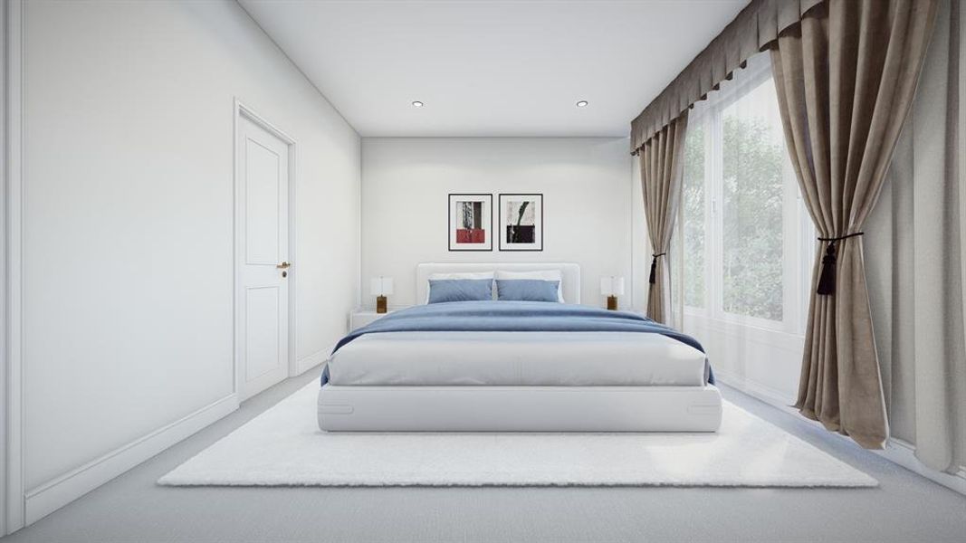 Bedroom with recessed lighting and carpet floors