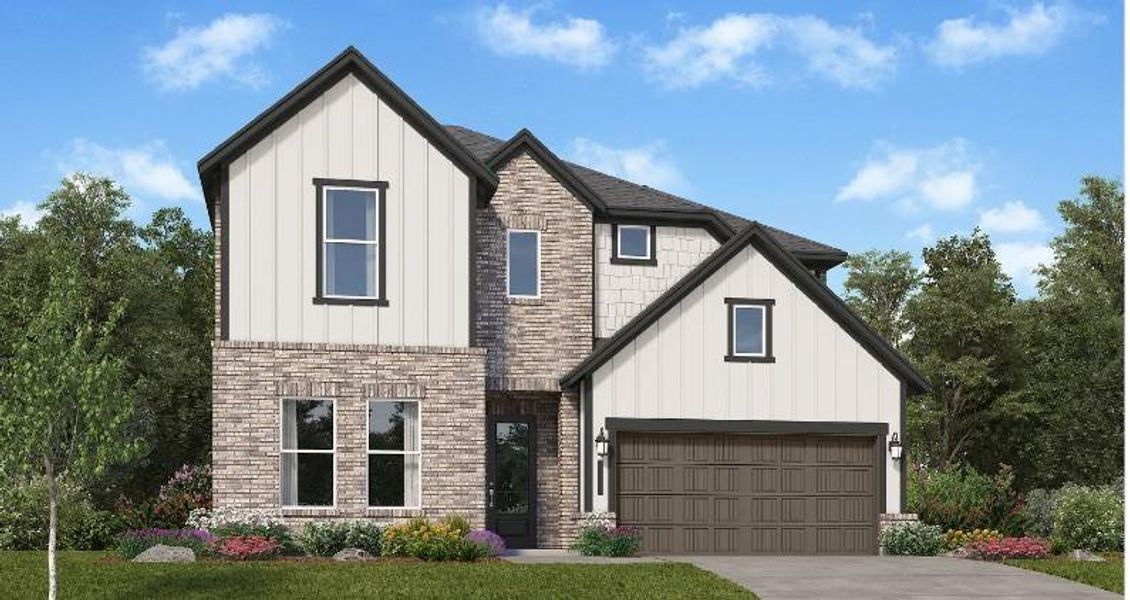 Front exterior of a new home in Oakberry Trails: Richmond Collection, Waller, TX, highlighting curb appeal (Image 1). Front exterior of a new home in Oakberry Trails: Richmond Collection, Waller, TX, highlighting curb appeal (Image 1).