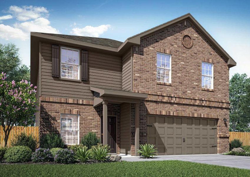 The renderings of the two-story Rio floor plan with brick walls, a brown door and a brown attached garage.