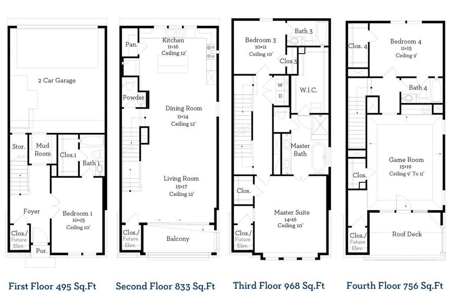 Upgrades include four-story elevator, walk-in shower at Bath 1, electric linear fireplace in living room, and wet bar in game room Upgrades include four-story elevator, walk-in shower at Bath 1, electric linear fireplace in living room, and wet bar in game room