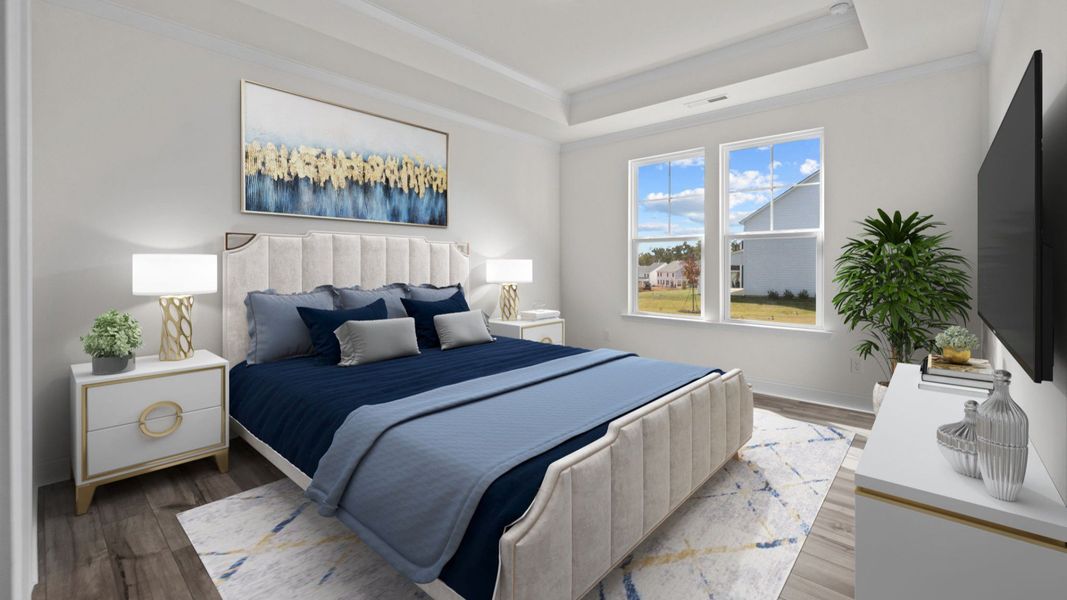 Bedroom with raised tray ceiling and large window in the Fairfield Design by DRB Homes in Mooresville, NC Bedroom with raised tray ceiling and large window in the Fairfield Design by DRB Homes in Mooresville, NC