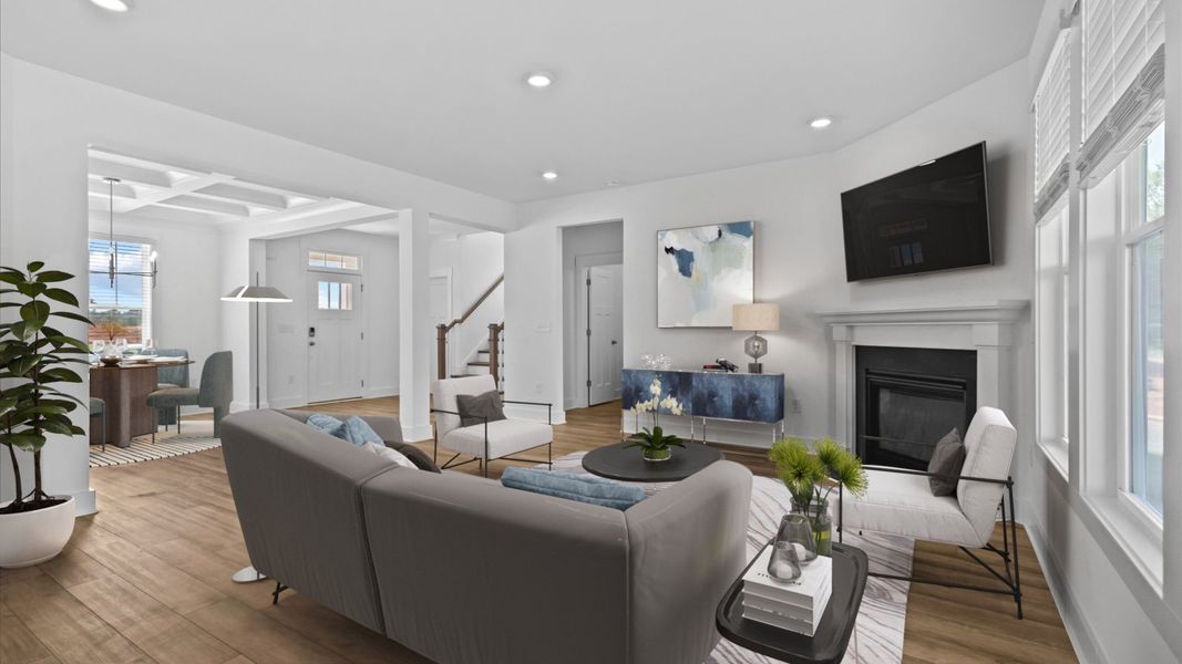 2 story single family home, all white, family room 2 story single family home, all white, family room