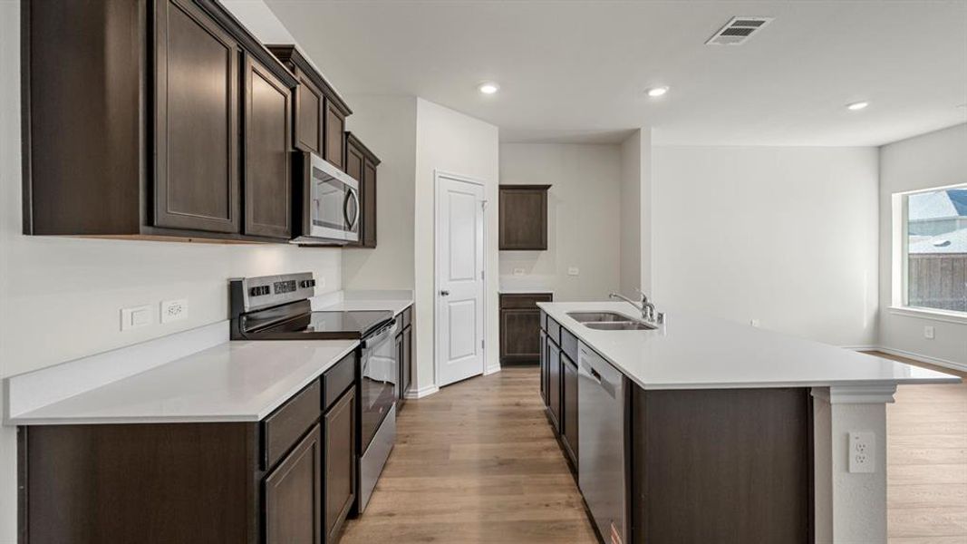 Kitchen with dark wood finish cabinetry, stainless steel appliances, light wood finished floors, and recessed lighting