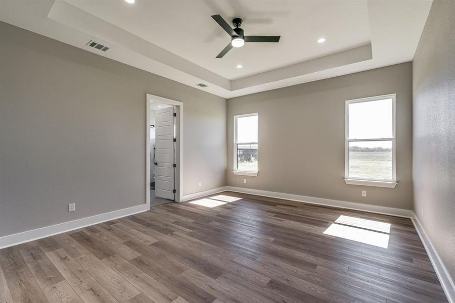 Unfurnished room with a raised ceiling, dark hardwood / wood-style floors, and ceiling fan