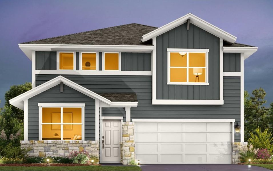Front exterior of a new home in Covered Bridge, Hutto, TX, highlighting curb appeal (Image 1). Front exterior of a new home in Covered Bridge, Hutto, TX, highlighting curb appeal (Image 1).