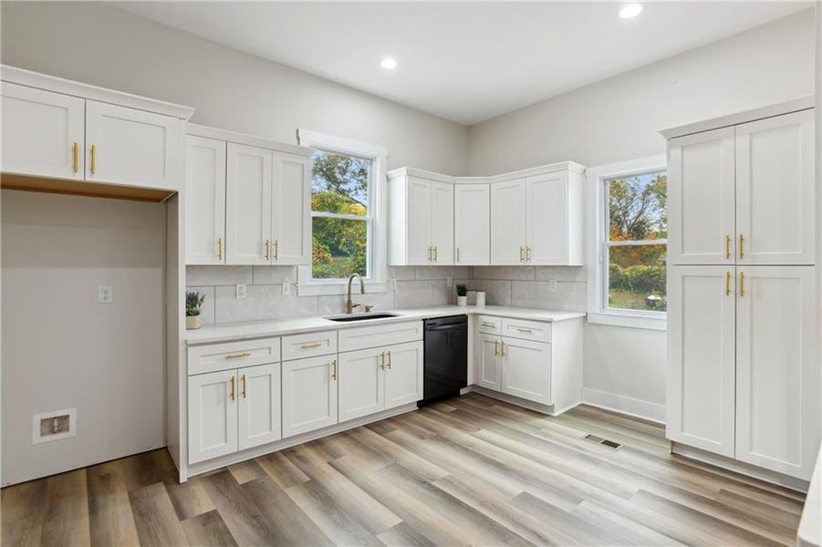 Kitchen with plenty of natural light, Luxury Vinyl Plank flooring, and dishwasher