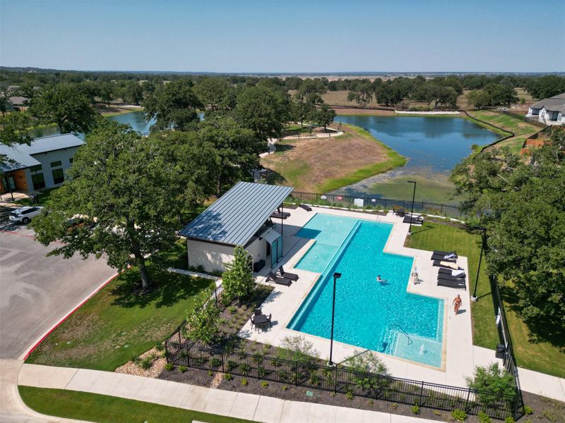 Drone / aerial view of a large body of water and a pool area Drone / aerial view of a large body of water and a pool area