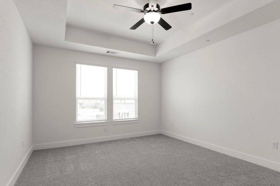 Spare room with a tray ceiling, carpet floors, and a ceiling fan