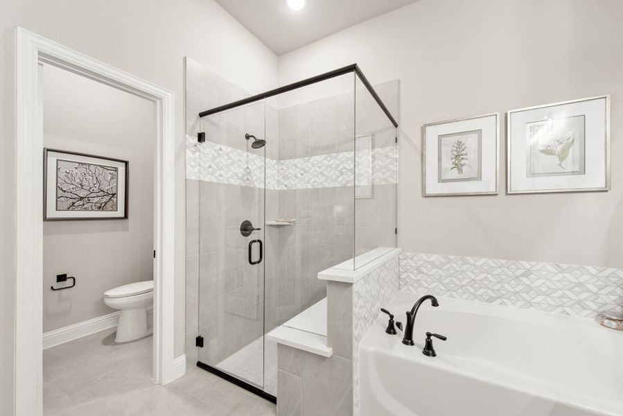 Master bathroom with glass walk-in shower, soaking tub with tile surround, and separate water closet