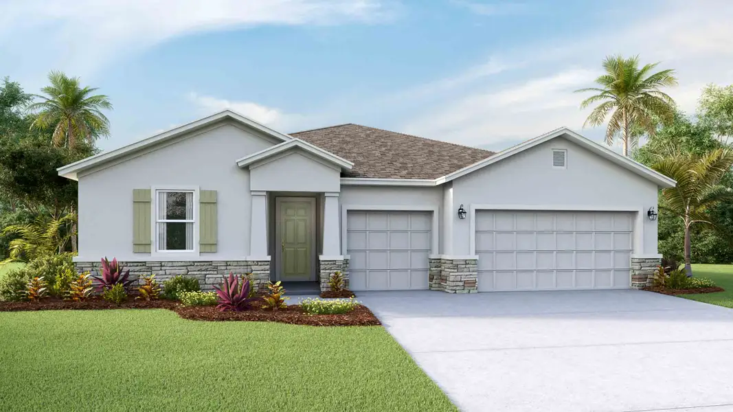 Front exterior of a new home in Archer at Two Rivers, Zephyrhills, FL, highlighting curb appeal (Image 1). Front exterior of a new home in Archer at Two Rivers, Zephyrhills, FL, highlighting curb appeal (Image 1).