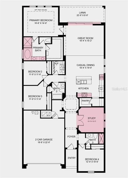 Floor Plan - Additional highlights include: a gourmet kitchen, study with double doors, pocket sliding door from the great room to the lanai, a soaking tub with a separate shower in the primary bathroom, and a shower in the secondary bathroom Floor Plan - Additional highlights include: a gourmet kitchen, study with double doors, pocket sliding door from the great room to the lanai, a soaking tub with a separate shower in the primary bathroom, and a shower in the secondary bathroom