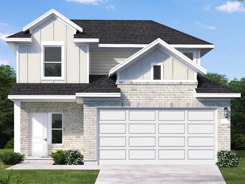 Front exterior of a new home in Garden Grove, Schertz, TX, highlighting curb appeal (Image 1). Front exterior of a new home in Garden Grove, Schertz, TX, highlighting curb appeal (Image 1).