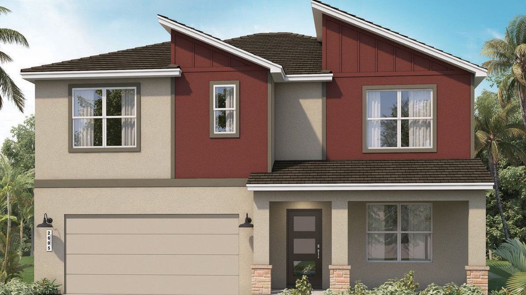 Front exterior of a new home in Buena Lago Modern, St. Cloud, FL, highlighting curb appeal (Image 2).