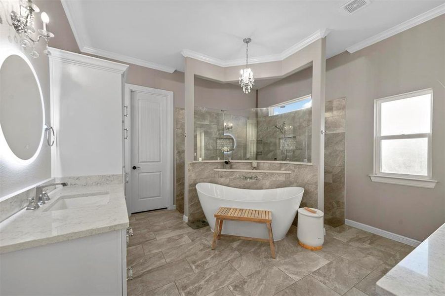 Bathroom featuring plus walk in shower, vanity, and crown molding