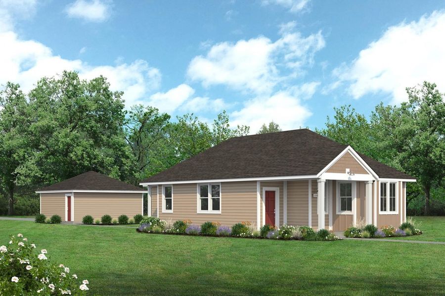 Rendering of one story khaki colored home with red door and detached garage with sky and landscaping Rendering of one story khaki colored home with red door and detached garage with sky and landscaping