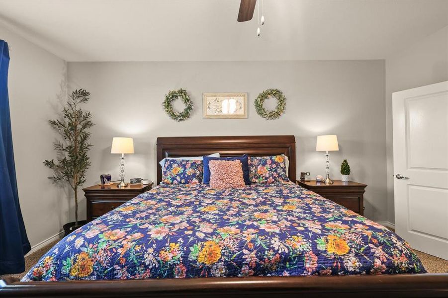 Carpeted bedroom with baseboards and ceiling fan Carpeted bedroom with baseboards and ceiling fan