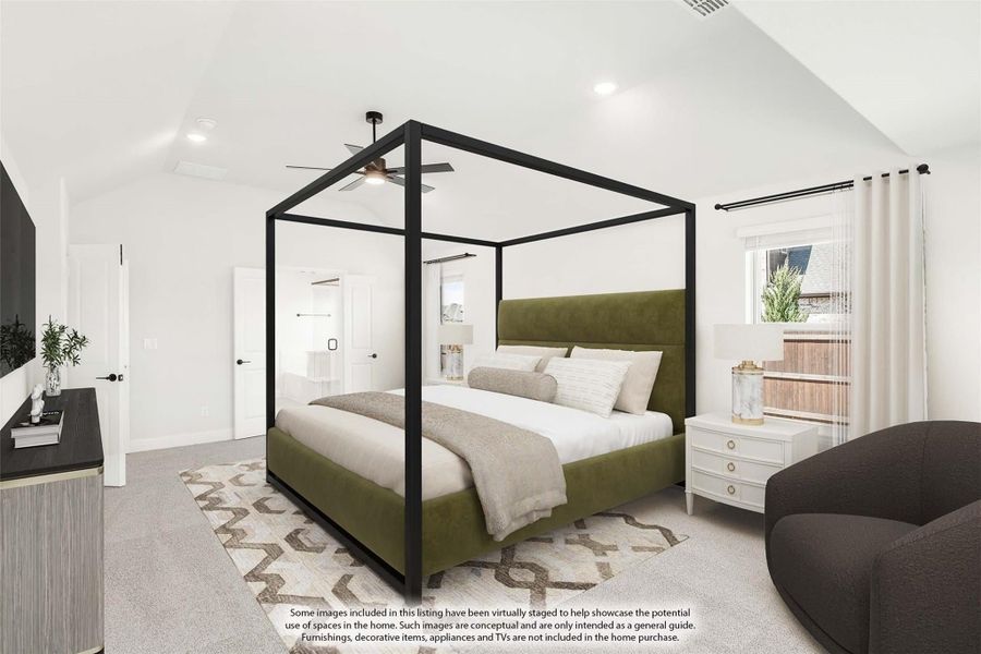 Master bedroom with black four-poster bed, green upholstered headboard, vaulted ceiling, and ceiling fan