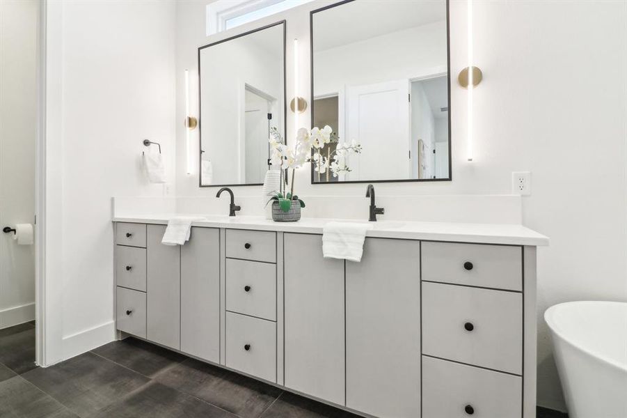 Bathroom with vanity and a bath