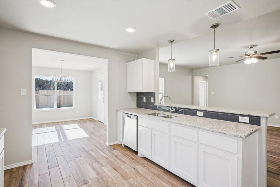 Kitchen featuring white cabinetry, wood finish floors, a ceiling fan, light stone counters, and dishwasher