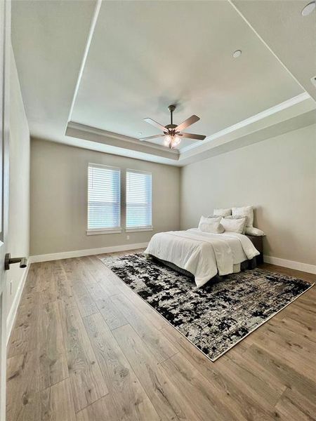 Primary Bedroom with ceiling fan, light luxury plank floors,and tray ceiling. Seller got a job transfer the day after he closed on this beautiful home. No time to even get his belongings out of storage! All beautifully designed and ready for you to move in and make it your own!